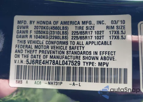 2010 Honda Cr-V Ex-L z USA, uszkodzony, nr VIN 5J6RE4H78AL047529